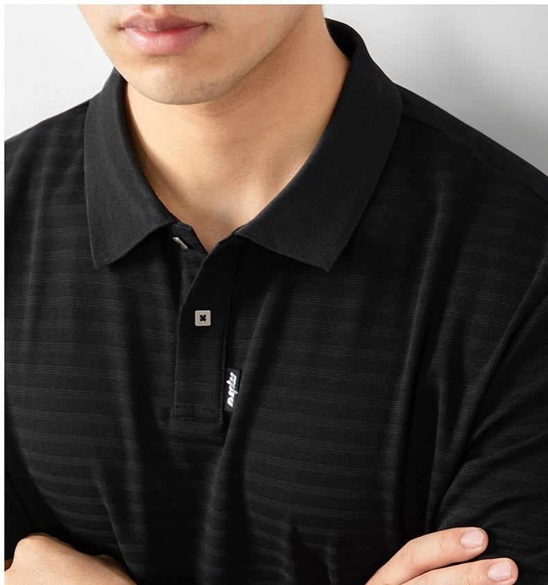 High-density needle jacquard polo shirt with subtle stripes