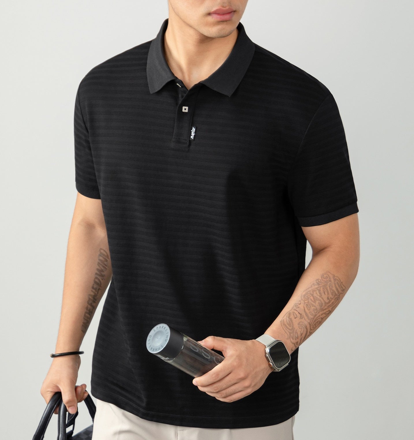 High-density needle jacquard polo shirt with subtle stripes