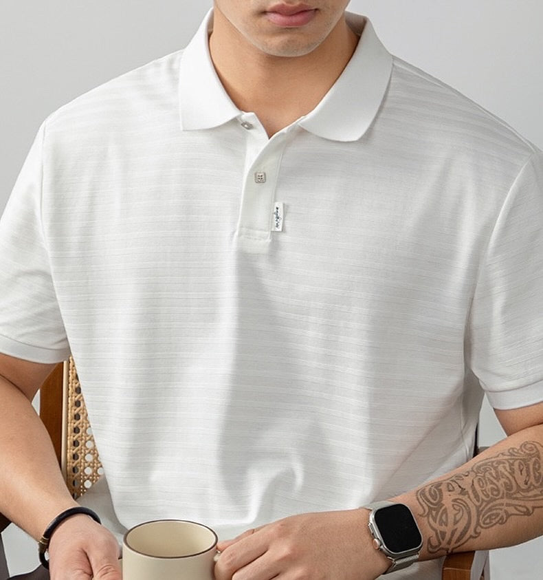 High-density needle jacquard polo shirt with subtle stripes
