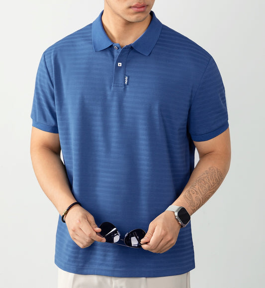 High-density needle jacquard polo shirt with subtle stripes
