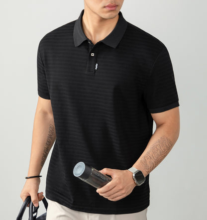 High-density needle jacquard polo shirt with subtle stripes